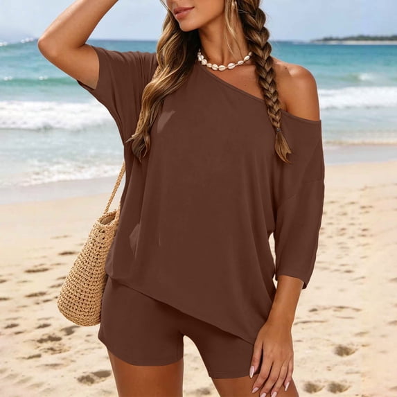 Naittoop Womens Matching Lounge Sets 2 Piece Off The Shoulder Short Sleeve Top and Biker Shorts Casual Travel Vacation Outfits