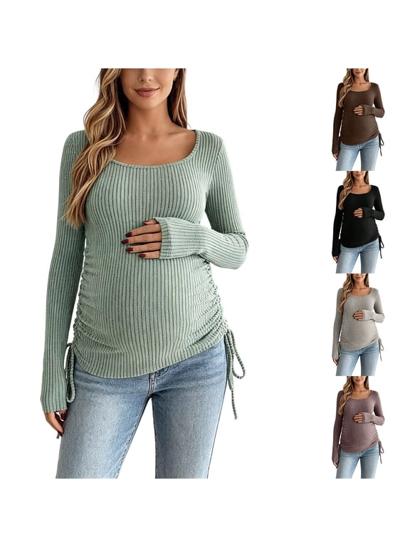 Womens Maternity Ribbed Long Sleeve Shirts Crew Neck Pregnancy Tops, Side Ruched Pregnant Clothes, Casual Stretchy Cozy Sweater, Fall and Winter Work Daily Wear