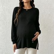 Naittoop Womens Maternity Sweater Blouses Casual Long Sleeve Crew Neck Tops Stretchy Maternity Pullover Cable Knit Side Slit Nursing Breastfeeding Pregnancy