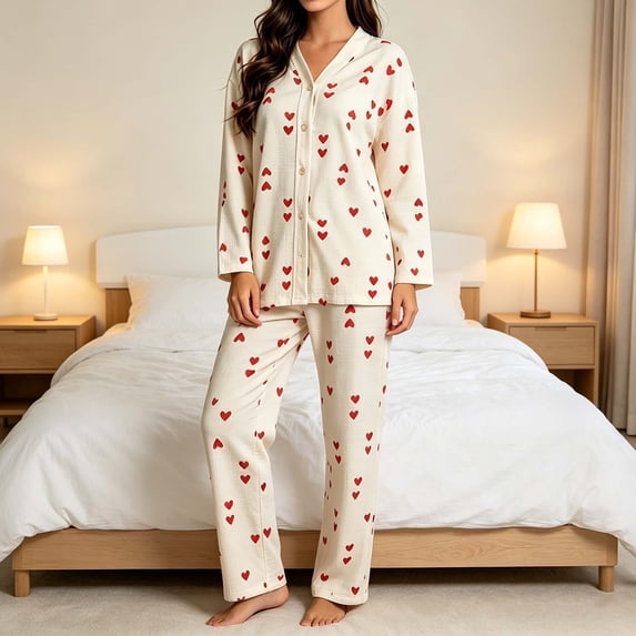 Naittoop Womens Pajama Set Long Sleeve Button Down 2 Piece Heart Print Sleepwear Cute Shirt Long Pants Matching Sets
