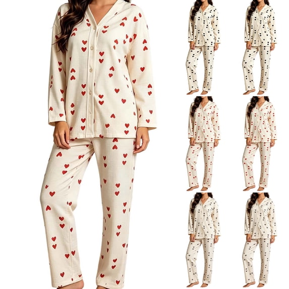 Naittoop Womens Pajama Set Long Sleeve Button Down 2 Piece Heart Print Sleepwear Cute Shirt Long Pants Matching Sets