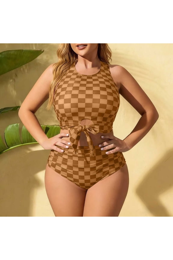 Womens Plus Size Plaid Checkered Bikini Set Cut Out Bow Tie High Waisted Swimsuits