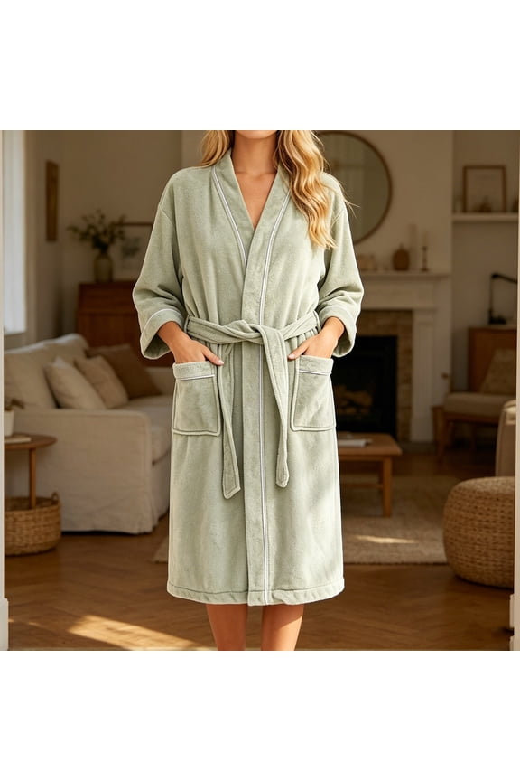 Womens Plush Fleece Robe with Contrast Piping Long Sleeve Wrap Bathrobe with Pockets Soft Sleepwear