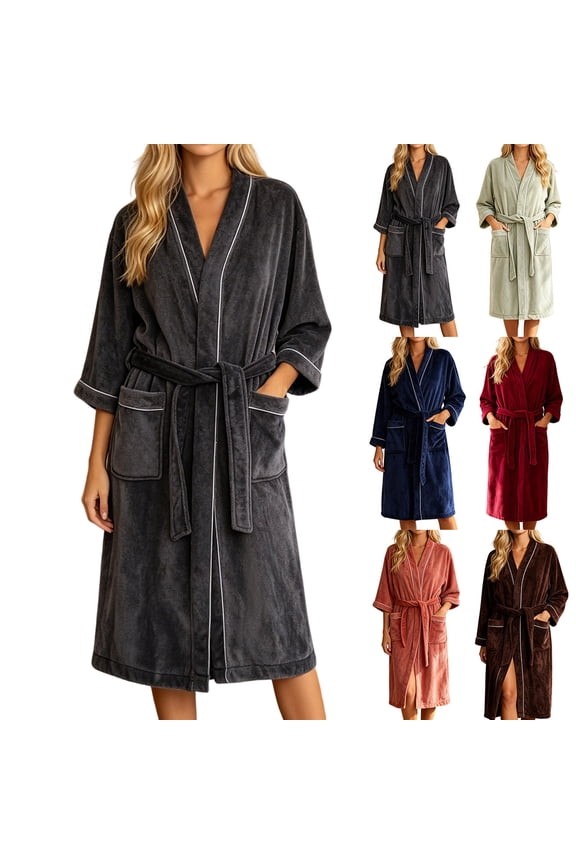 Womens Plush Fleece Robe with Contrast Piping Long Sleeve Wrap Bathrobe with Pockets Soft Sleepwear