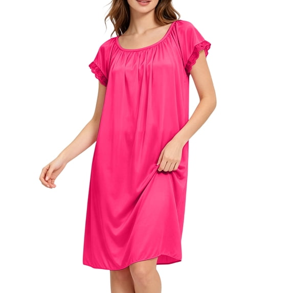 Naittoop Womens Satin Ruffle Sleeve Nightgown Loose Fit Round Neck Silk Feel Sleep Dress Casual Comfy Soft House Dress Plus Size Loungewear