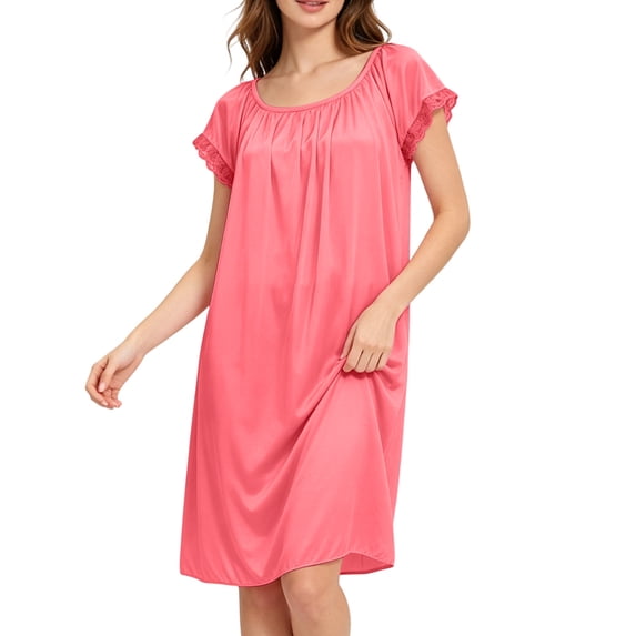 Naittoop Womens Satin Ruffle Sleeve Nightgown Loose Fit Round Neck Silk Feel Sleep Dress Casual Comfy Soft House Dress Plus Size Loungewear