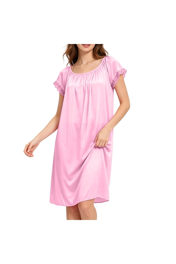 Womens Satin Ruffle Sleeve Nightgown Loose Fit Round Neck Silk Feel Sleep Dress Casual Comfy Soft House Dress Plus Size Loungewear