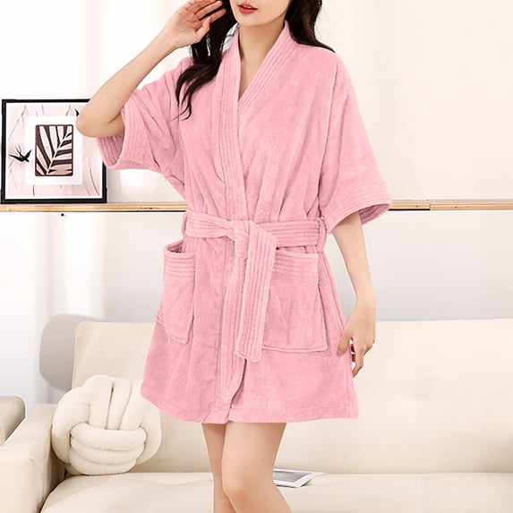 Naittoop Womens Short Sleeve Plush Robe Cozy Warm Short Bathrobe Soft Fleece Nightgown Solid Color Sleepwear with Pockets