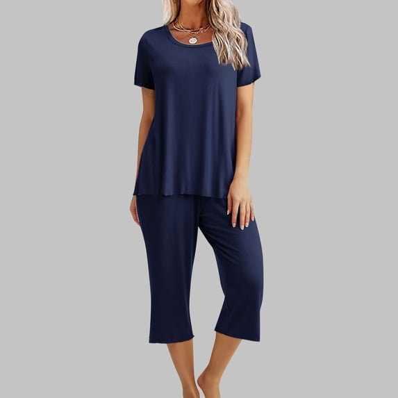 Naittoop Womens Sleepwear Capri Pajama Sets Short Sleeve Two-Piece Pjs V Neck Tops & Capri Pants with Pockets Lounge Sets for Women