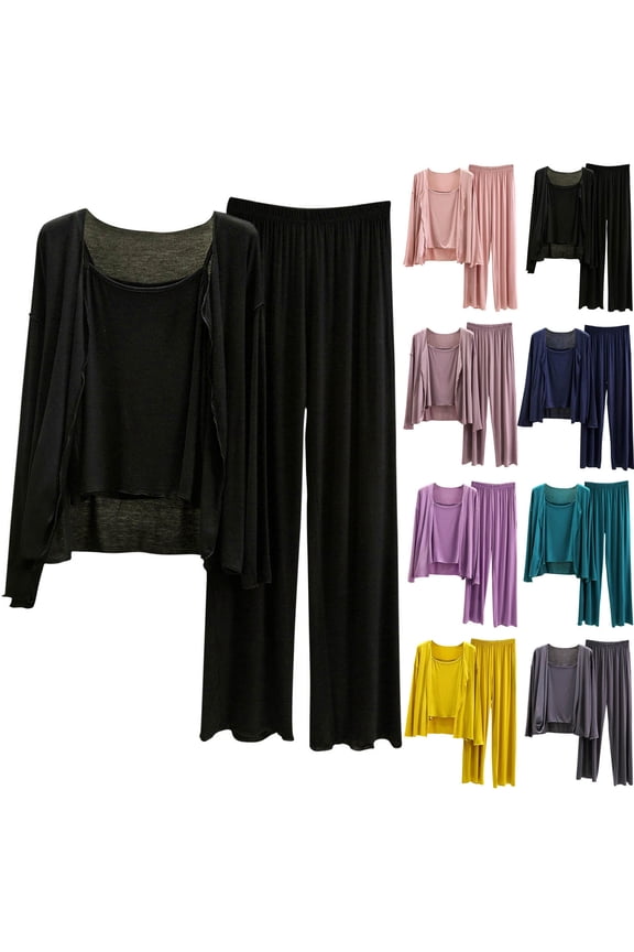 Womens Soft Modal Pajamas Lounge Set Stretch Loose Pj 3Pc Long Sleeve Cardigans and Camisole with Long Pants Sleepwear