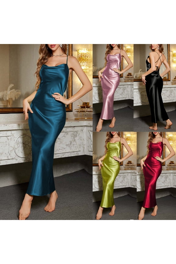 Womens Spaghetti Strap Crisscross Tie Back Satin Nightgown Sexy Slim Fitted Satin Lingerie Casual Midi House Dress