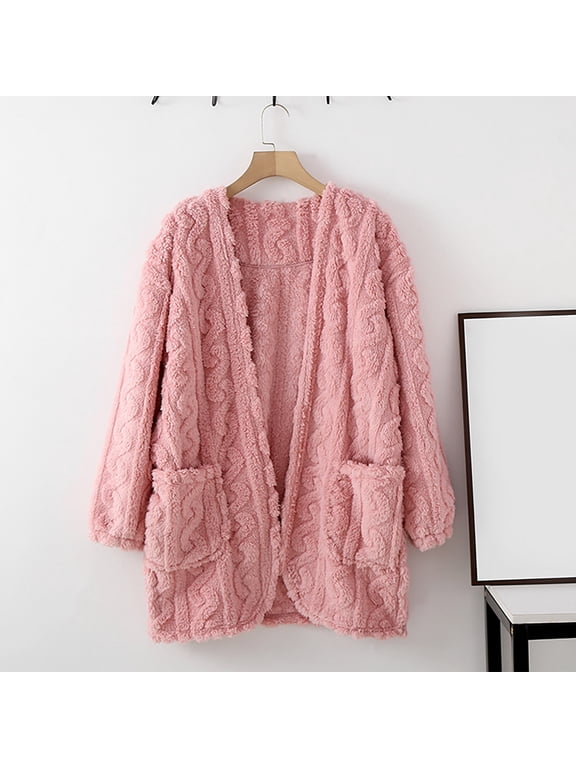 Womens Winter Fleece Cardigan Loungewear Soft Fuzzy House Coat with Pocket Plush Warm Pajama Tops Home Jacket