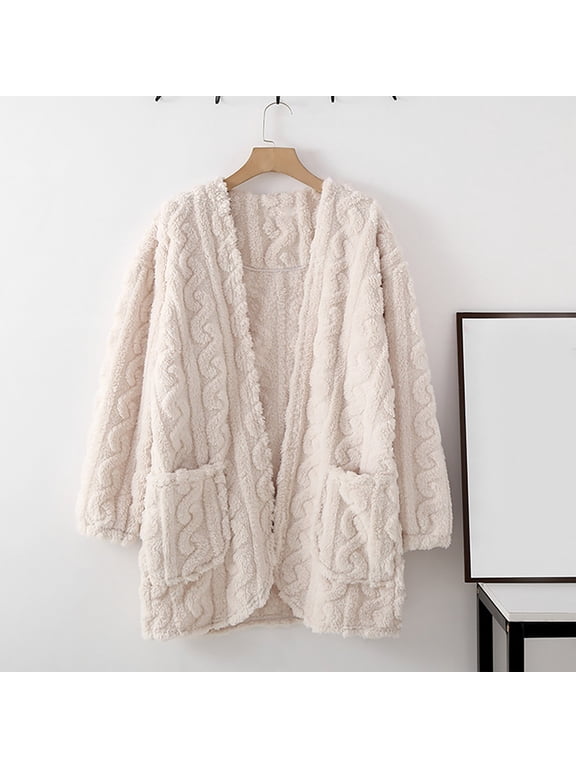 Womens Winter Fleece Cardigan Loungewear Soft Fuzzy House Coat with Pocket Plush Warm Pajama Tops Home Jacket
