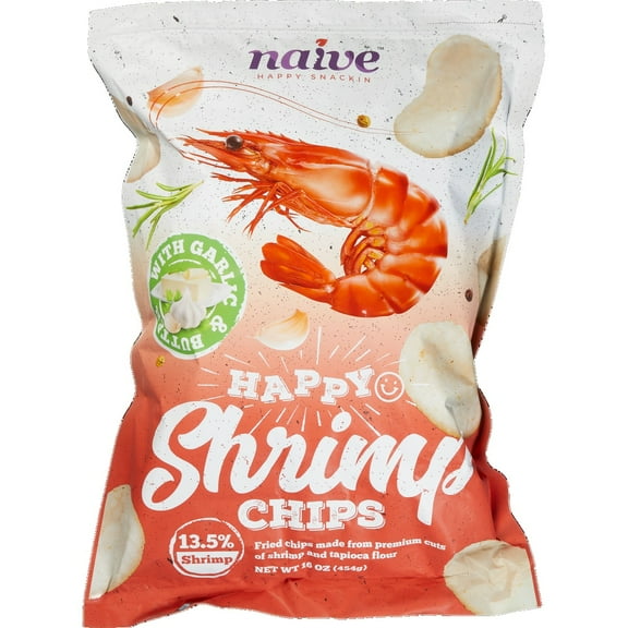 Naive Happy Shrimp Chips, Garlic & Butter, 16 Ounce