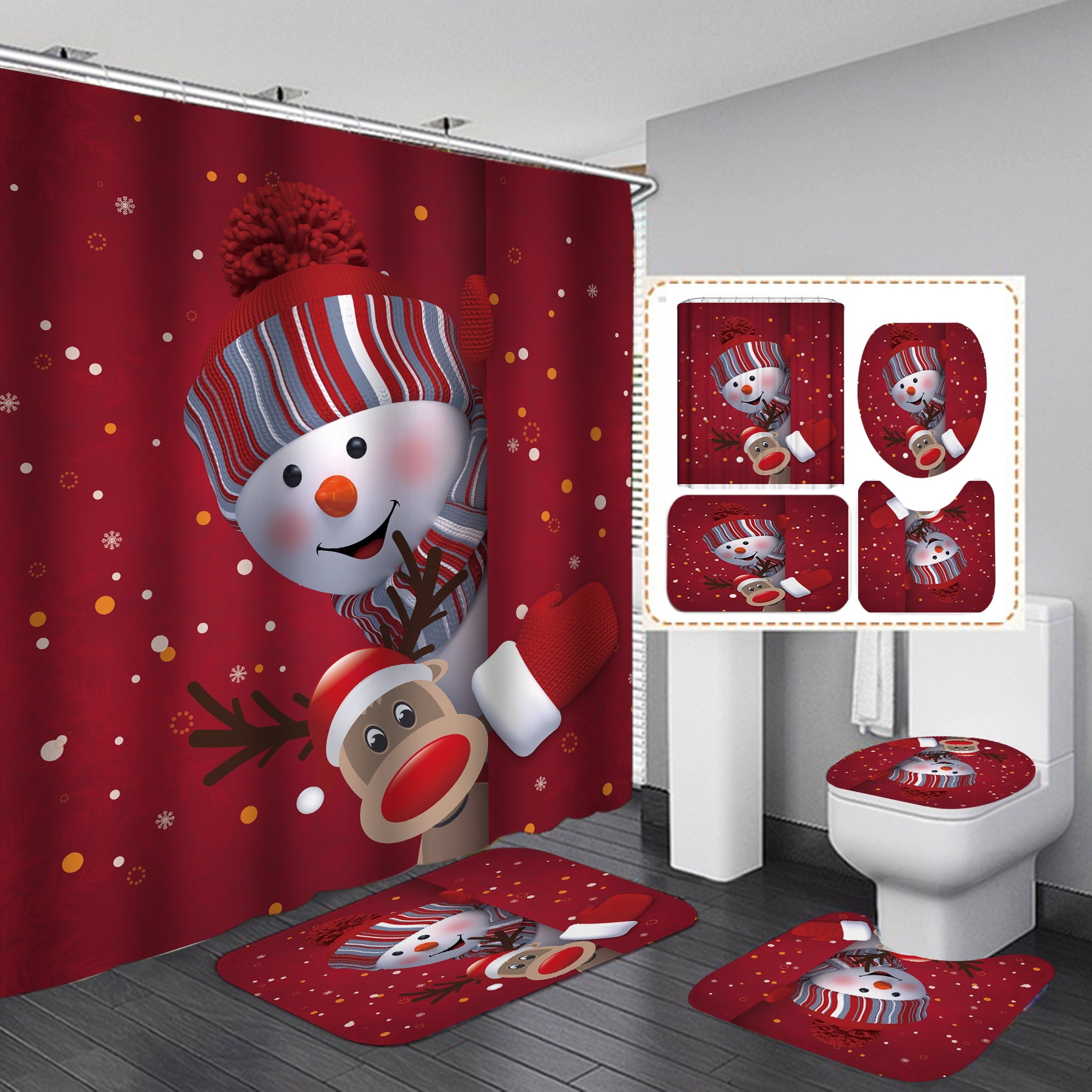 Naiyafly 4Pcs Merry Christmas Shower Curtain Sets with NonSlip Rugs