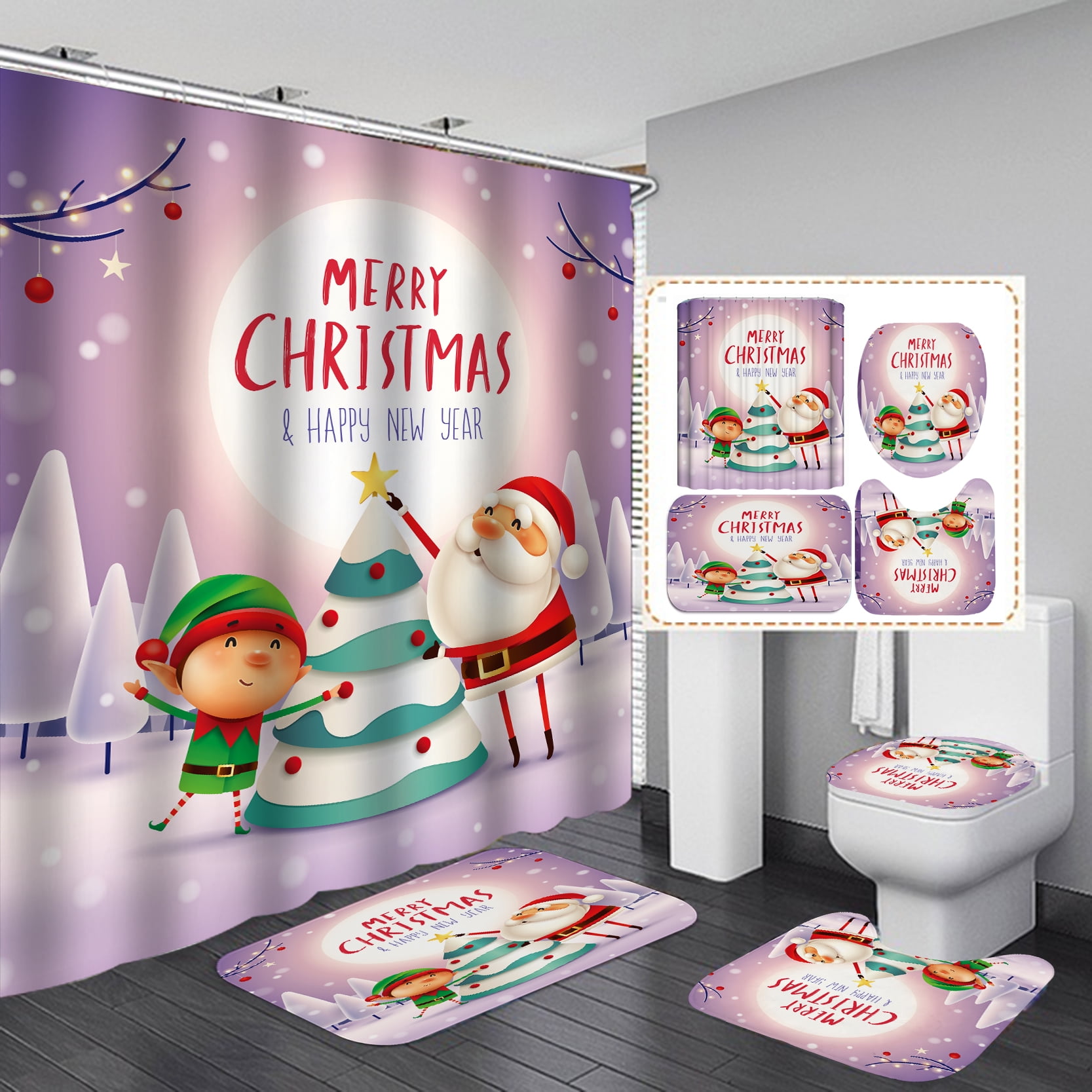 BOARDFEB Christmas Shower Curtain, Red Winter Xmas Tree Snowman Merry Christmas Shower Curtains For Bathroom Decor Washable Durable Fabric Holiday New Year Shower Curtain With Hooks 72x72 Inch