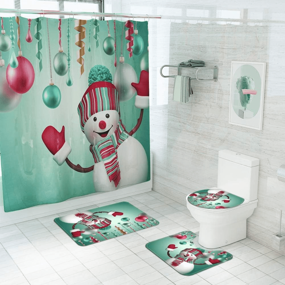Naiyafly 4Pcs Merry Christmas Shower Curtain Sets with NonSlip Rugs