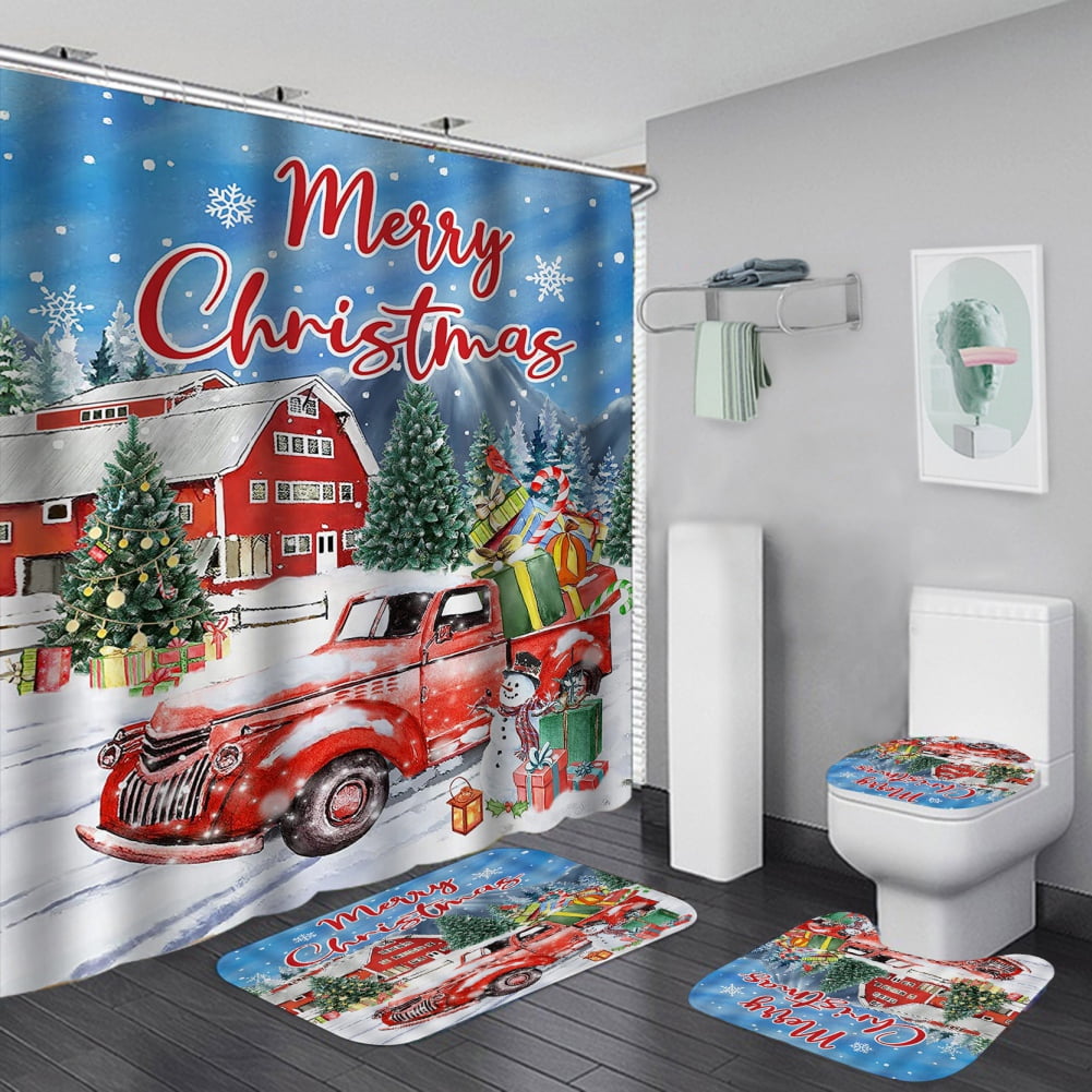 Naiyafly 4Pcs Merry Christmas Shower Curtain Sets with NonSlip Rugs
