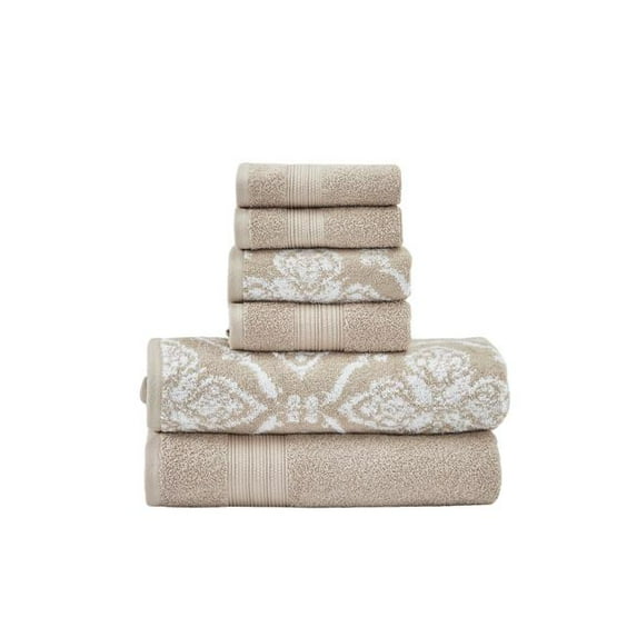 Naja Jacquard Pattern Cotton Towel Set, White & Beige - 6 Piece