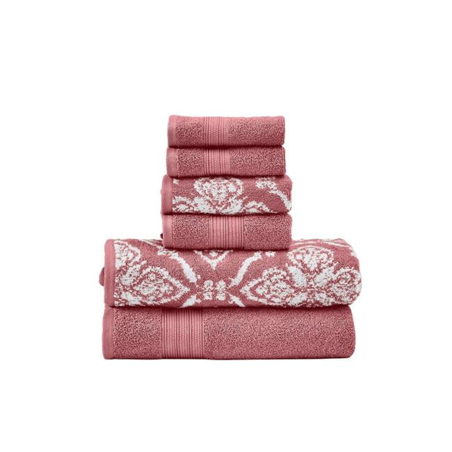 Naja Jacquard Pattern Cotton Towel Set, White & Pink - 6 Piece