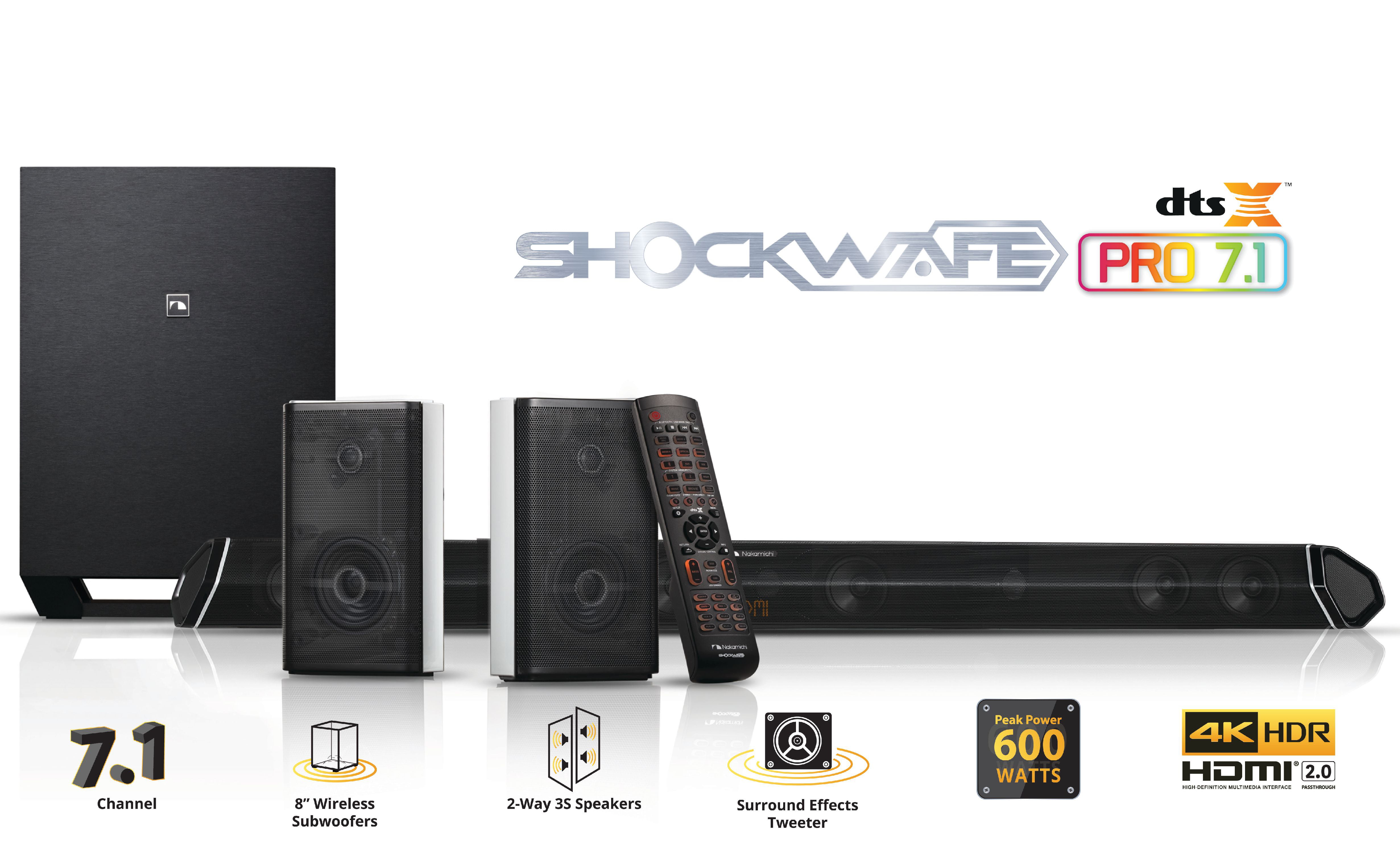  Nakamichi Shockwafe Pro Bluetooth 7.1.4 Channel Dolby  Atmos/DTS:X Soundbar with 10 Wireless Subwoofer, 2 Rear Surround Speakers,  eARC and SSE Max Technology (New), black : Electronics