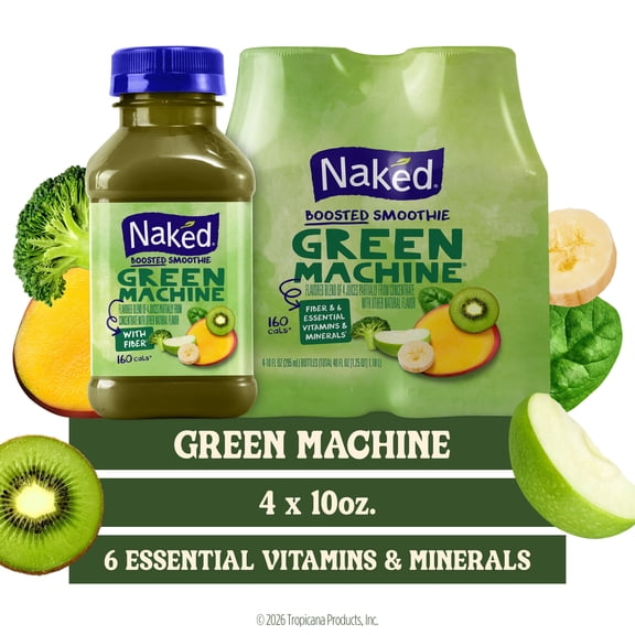 Naked Green Machine Flavored Boosted Smoothie, 10 fl oz, 4 Pack Bottles