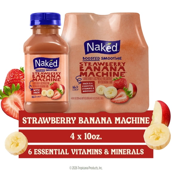 Naked Strawberry Banana Machine Flavored Boosted Smoothie, 10 fl oz, 4 Pack Bottles