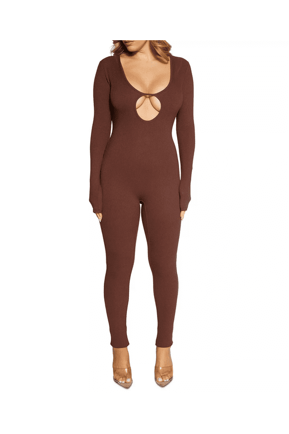 BROWN Women's Long Sleeve Key Hole Jumpsuit, US L