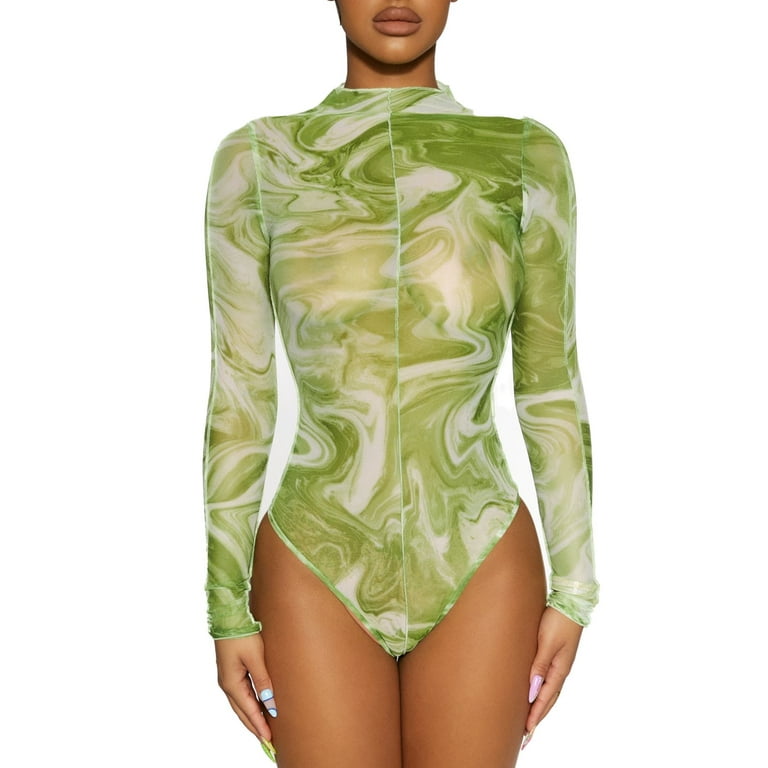 Naked Wardrobe High-neck Tie-dyed Bodysuit, Green, X-Small 