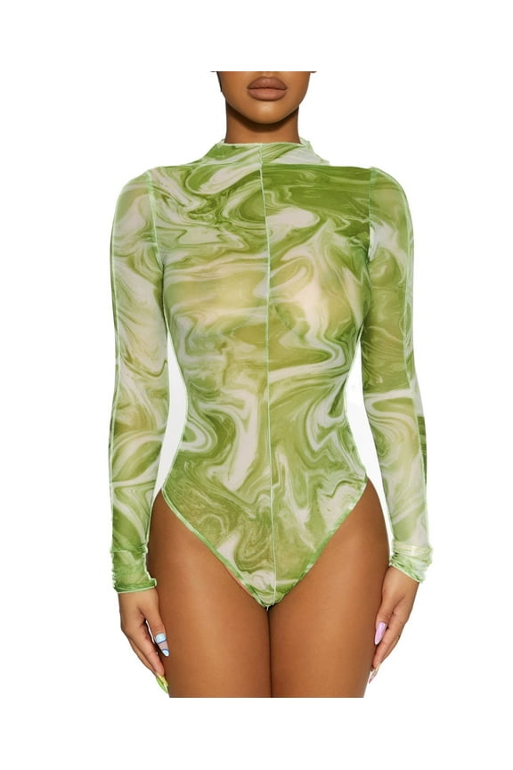 High-neck Tie-dyed Bodysuit, Green, X-Small