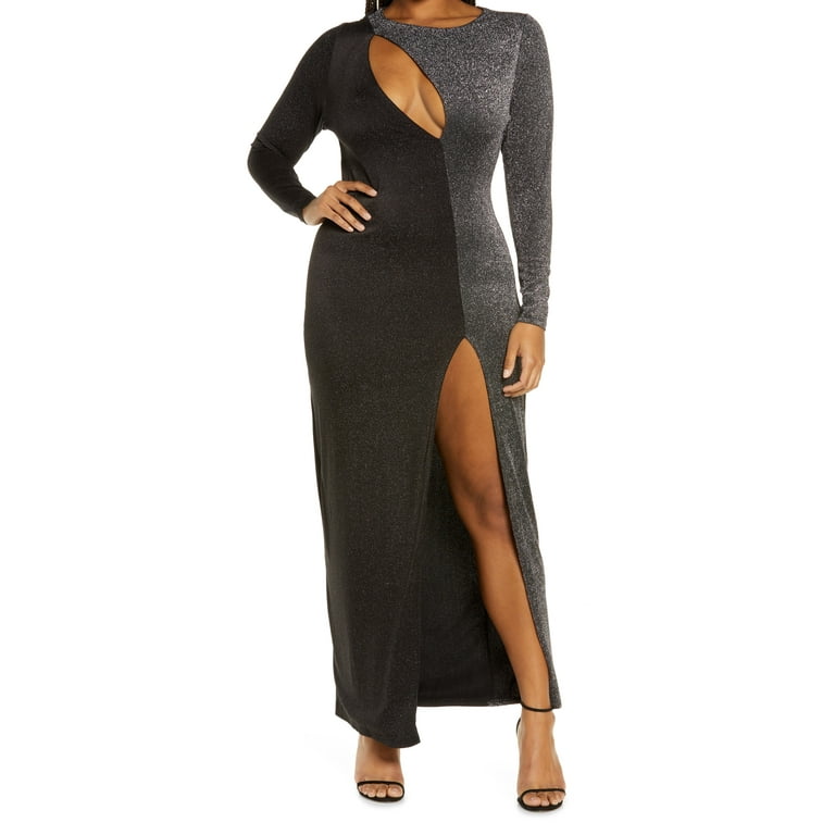 Naked Wardrobe Metallic High Slit Cutout Maxi Dress Black at