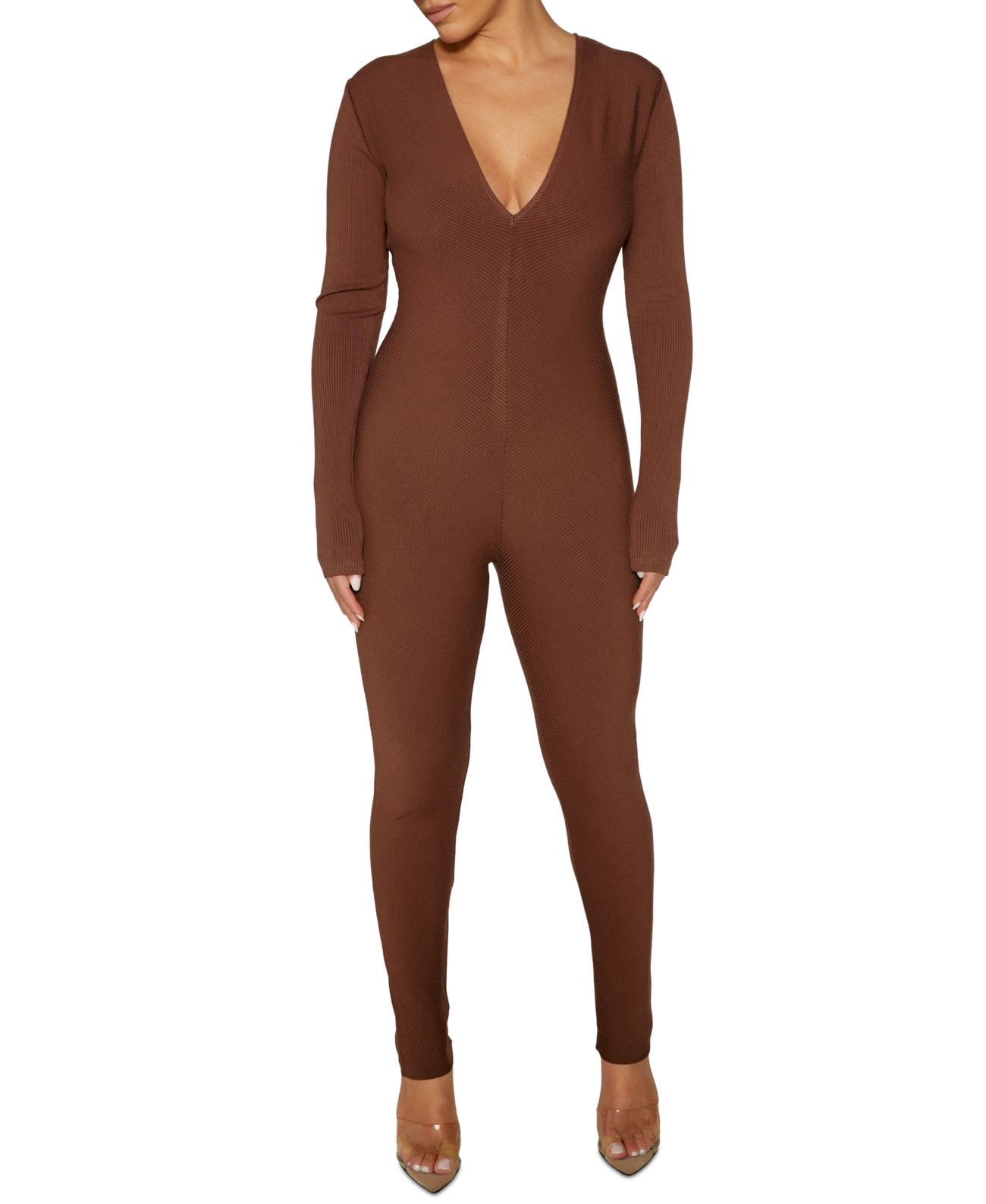 Naked Wardrobe Womens Ribbed V-Neck Jumpsuit, Brown/S