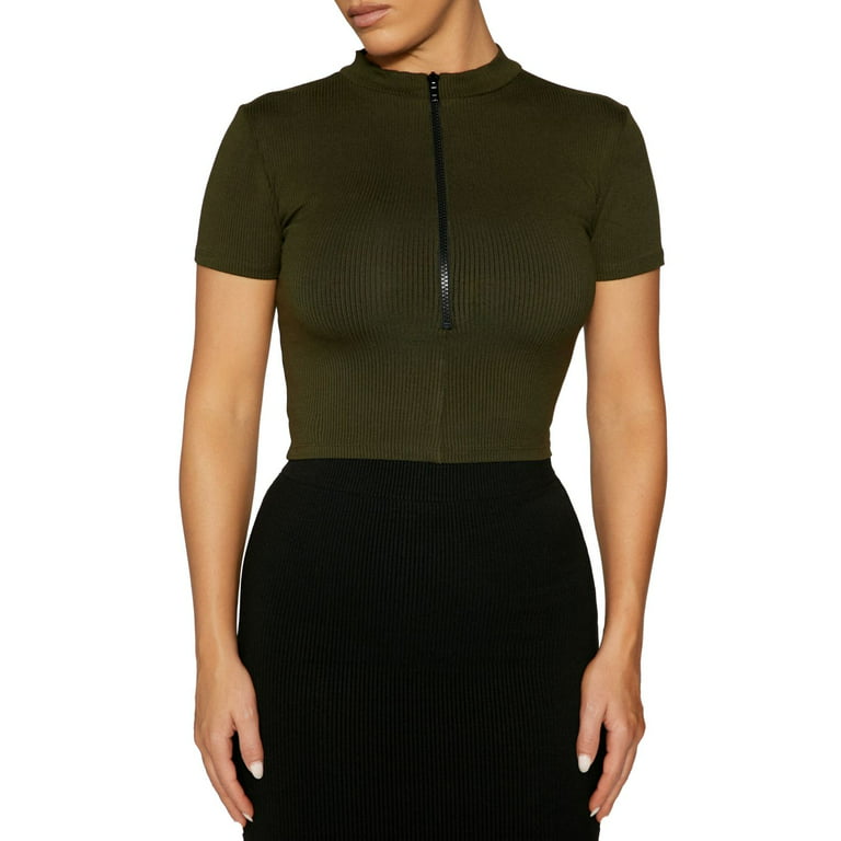 Naked Wardrobe Womens Snatched To The T Crop Top,Olive Green,X-Small