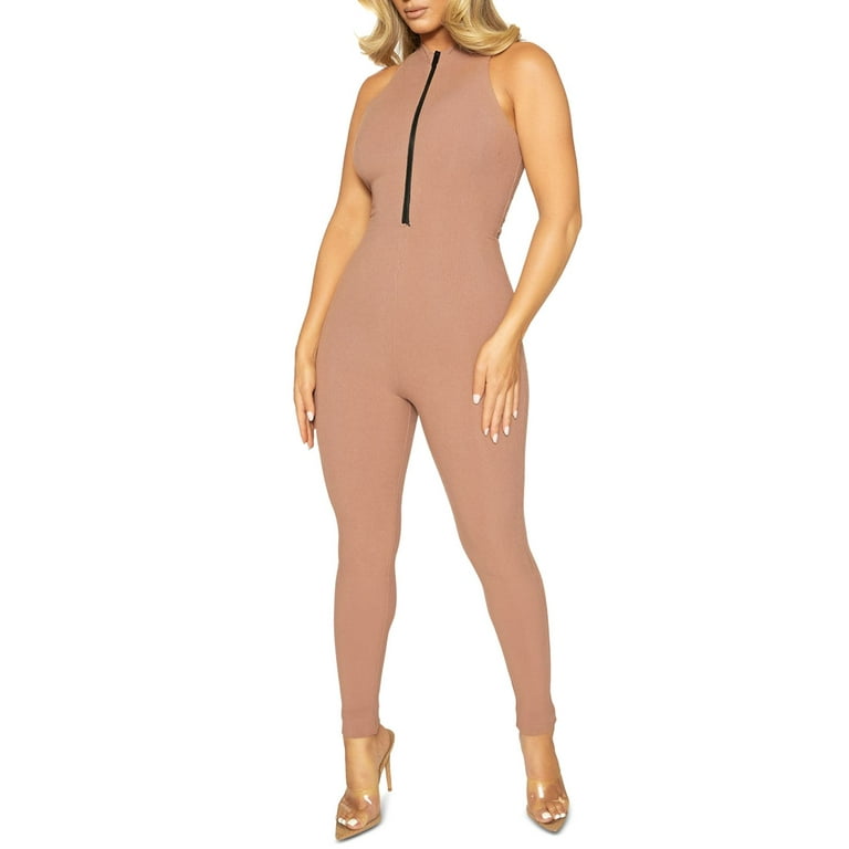 Naked Wardrobe Womens Zipped Up Baby Snatched Jumpsuit, Light Brown/S