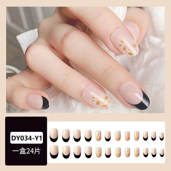 Naked pink black edge contrasting color French manicure, gold foil sprinkled like stars, fashionable wearing armor 24 pieces temperament nail sticker