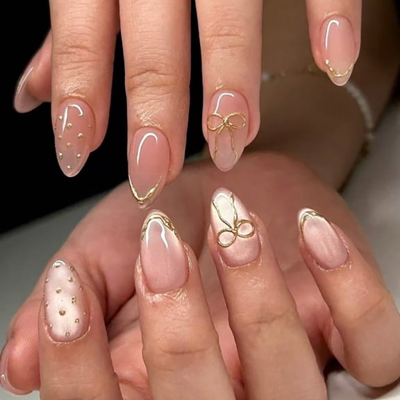 Naked pink cat eye flash wearing nail gold three-dimensional bow wearing nail piece almond nail piece nail piece