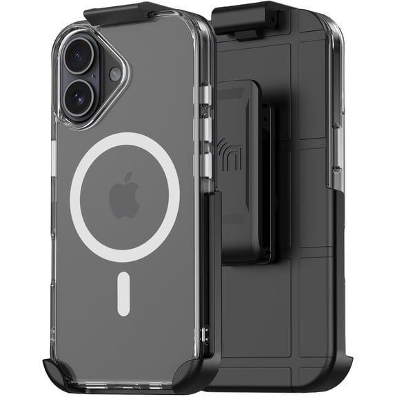 Nakedcelllphone Combo for iPhone 17 Phone Case, Anti-Shock Case and Belt Clip Holster Holder (Compatible with MagSafe) - Clear