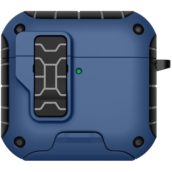 Nakedcelllphone MagnaFlip Bundle for Apple Airpods 4 Case, Rugged Cover with Secure Latch, Magnetic Flip, Kickstand (Includes Lanyard Strap, Carabiner Clip and Cleaning Kit) - Midnight Blue