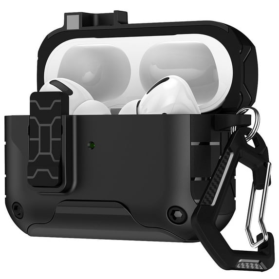 Nakedcelllphone MagnaFlip Bundle for Apple Airpods Pro 3 Case, Rugged Cover with Secure Latch, Magnetic Flip, Kickstand (Includes Lanyard Strap, Carabiner Clip and Cleaning Kit) - Matte Black