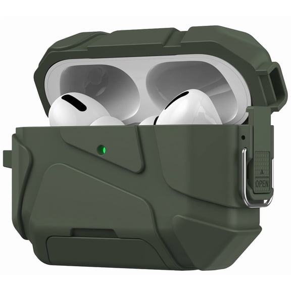 Nakedcelllphone Meteorite Series Bundle for Apple Airpods Pro 3 Case, Rugged Cover and Stand (Includes Lanyard Strap, Carabiner Clip and Cleaning Kit) - Forest Green