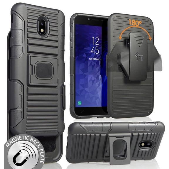 Nakedcellphone Black Ring Grip Case Cover + Belt Clip Holster Stand [with Built-In Mounting Plate] for Samsung Galaxy J7 (2018) SM-J737, J7 Refine, J7 Star, J7 Aero
