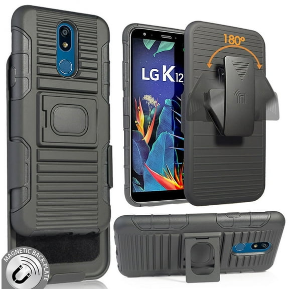 Nakedcellphone Black Rugged Case Cover [with Finger Grip Stand] + [Built-In Mounting Plate] + [Belt Clip Holster] for LG K40 | LG Solo | LG K12 Plus | LG X4 (2019)
