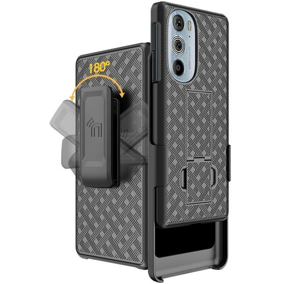 Nakedcellphone Case with Clip for Motorola Edge+ 5G UW (2022), Slim Hard Shell Phone Cover with Stand and [Rotating/Ratchet] Belt Hip Holster for Moto Edge Plus 2022 - Black