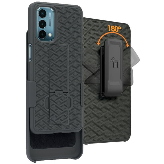 Nakedcellphone Case with Clip for OnePlus Nord N200 5G, Slim Hard Shell Phone Cover with Kickstand and [Rotating/Ratchet] Belt Hip Holster Combination - Black Tread