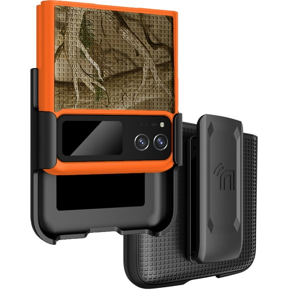 Nakedcellphone Case for Motorola RAZR 2023 Slim Hard Shell Cover & Belt Holster Orange Hunter Camo