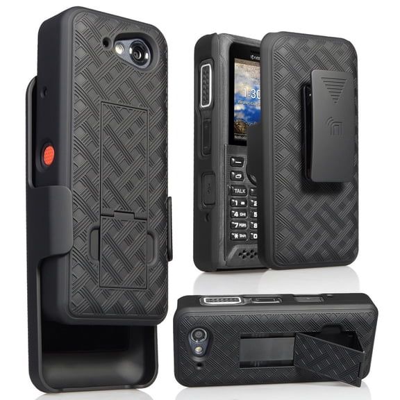 Nakedcellphone Case with Clip compatible with Kyocera DuraTR, [Black Tread] Slim Ribbed Kickstand Cover + Belt Hip Holster for E4750