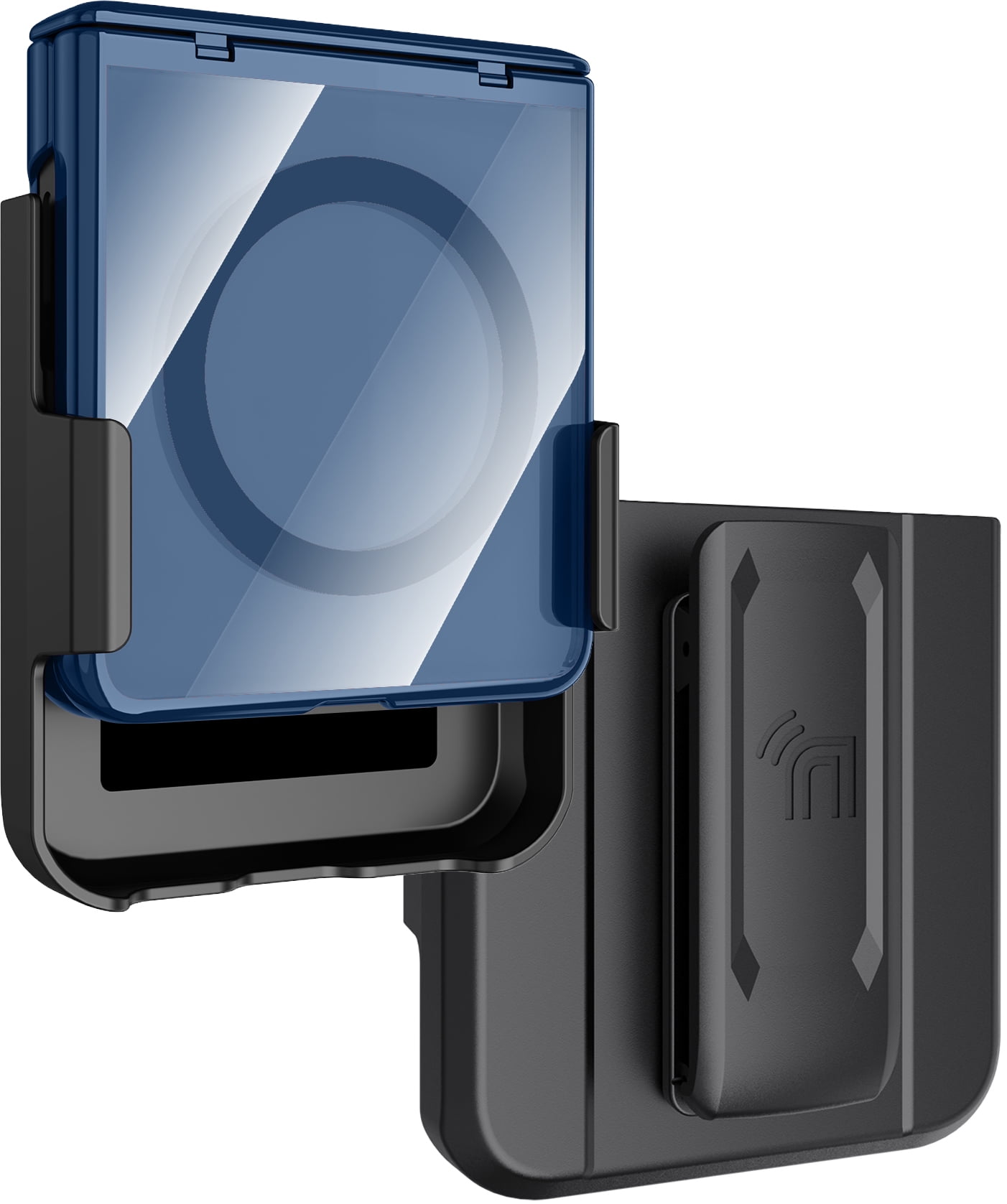 Nakedcellphone Electro Combo for Samsung Galaxy Z Flip 7 Phone Case with Belt Clip Holster Holder - Built-In Screen Protector - Hinge Cover - Compatible with MagSafe - Blue/Clear