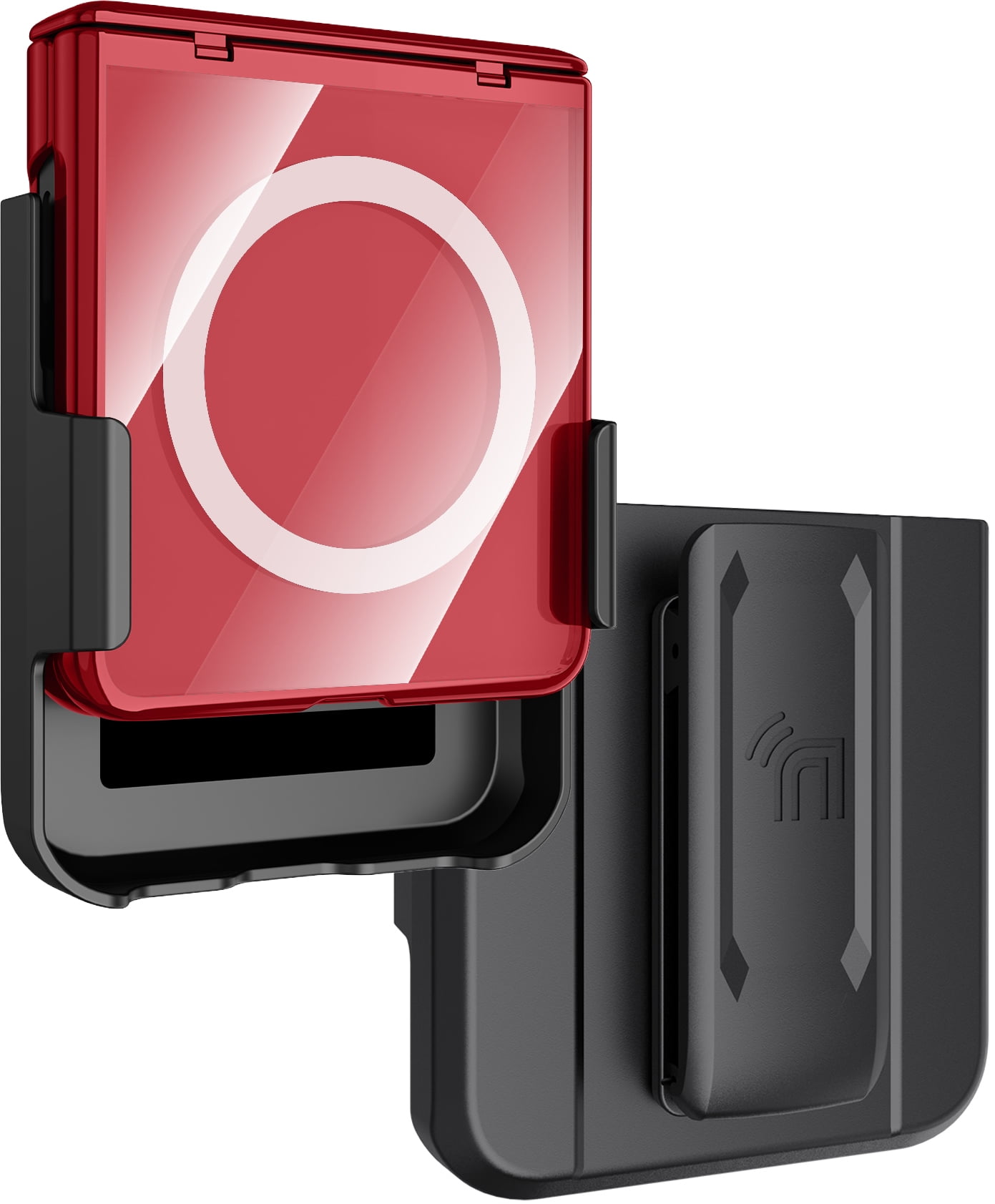 Nakedcellphone Electro Combo for Samsung Galaxy Z Flip 7 Phone Case with Belt Clip Holster Holder - Built-In Screen Protector - Hinge Cover - Compatible with MagSafe - Red/Clear