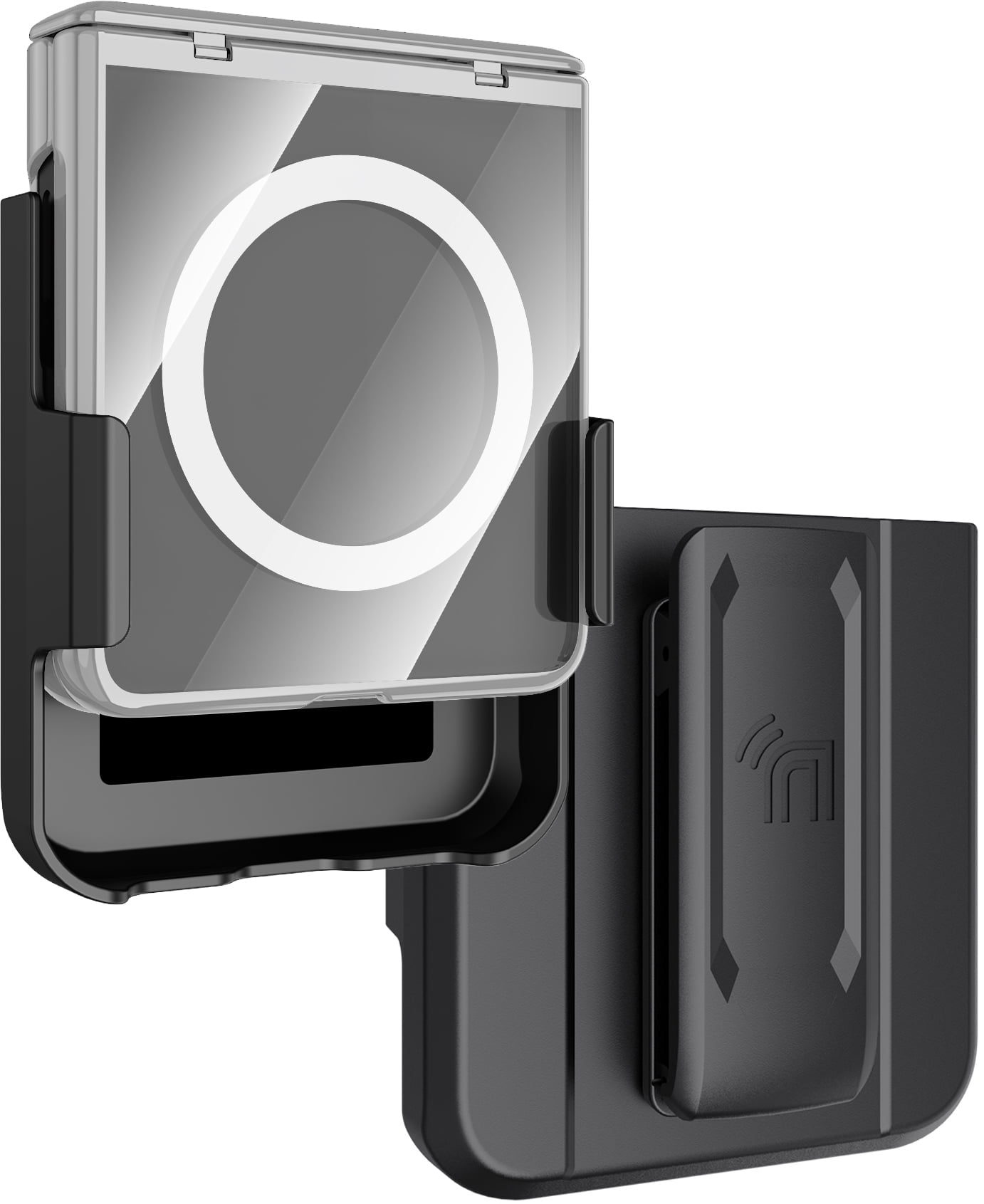 Nakedcellphone Electro Combo for Samsung Galaxy Z Flip 7 Phone Case with Belt Clip Holster Holder - Built-In Screen Protector - Hinge Cover - Compatible with MagSafe - Silver/Clear