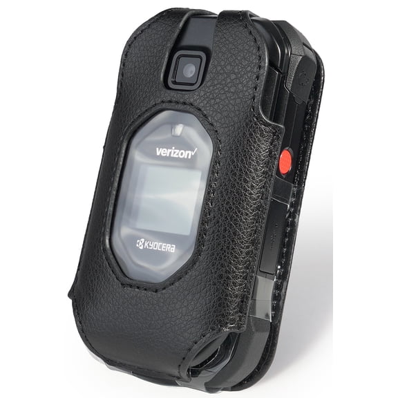 Nakedcellphone Fitted Series for Kyocera DuraXV Extreme, DuraXE Epic, DuraXA Equip Case, Black Vegan Leather Cover with [Built-In Screen Protection] and [Metal Belt Clip] for E4810/E4811/E4830/E4831
